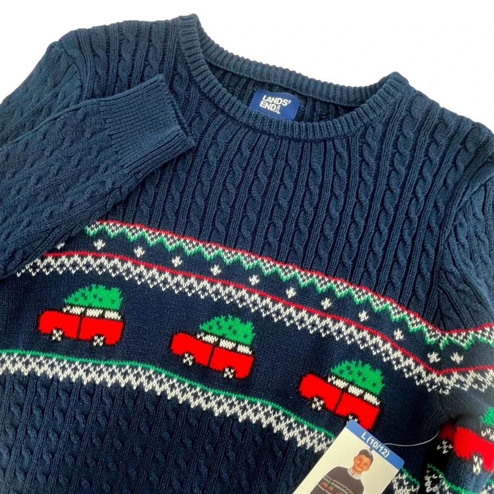 NWT‎ Lands End Kids Boys Sweater Large 10-12 Navy Christmas Tree Truck Holiday